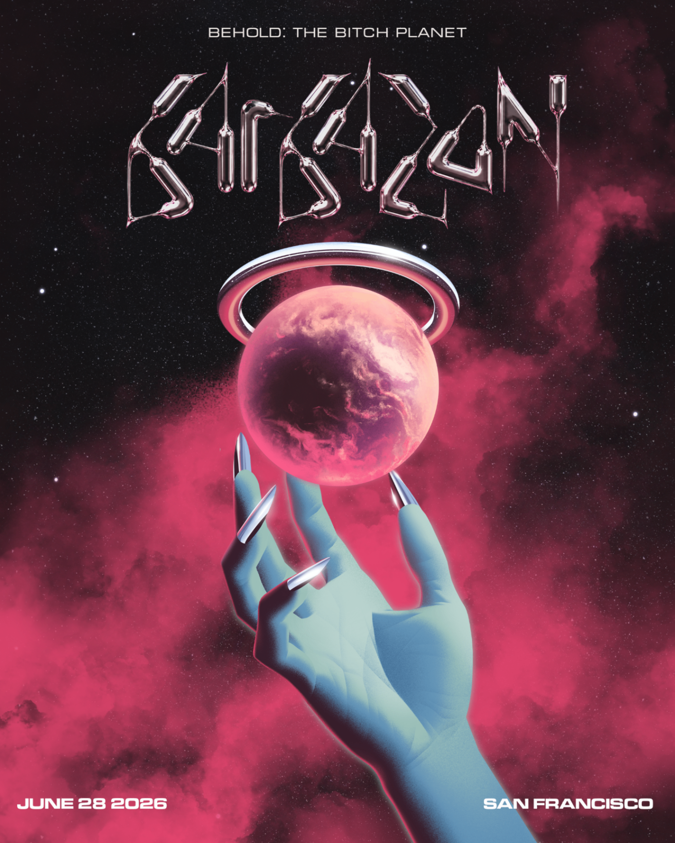 Barbazon teaser artwork with planet, chrome logo, and June 28 2026 San Francisco date